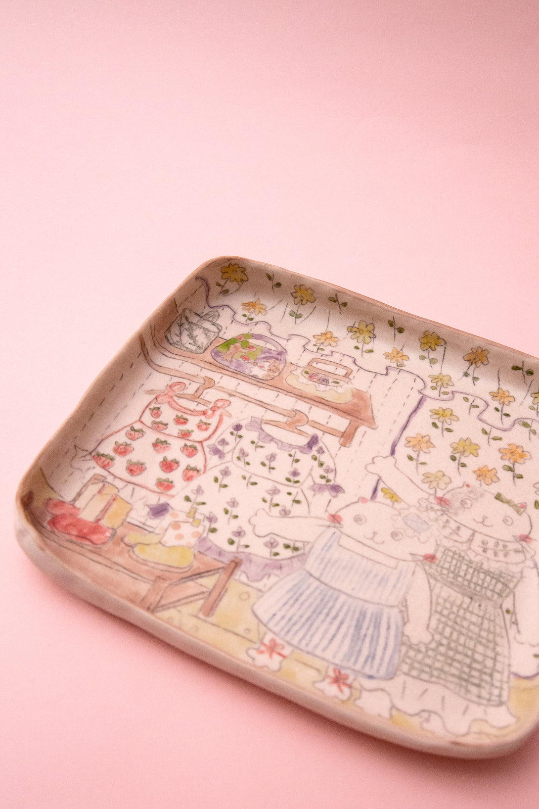 Plate with illustrations of dresses in a clothes shop on a pink background
