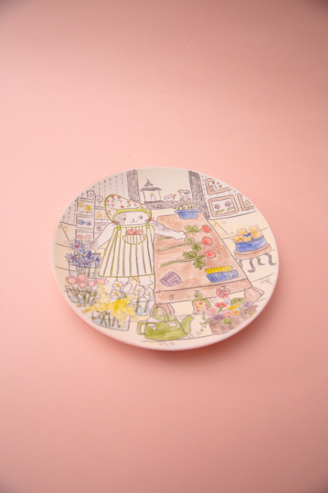 Plate with colorful illustrations on a pink background