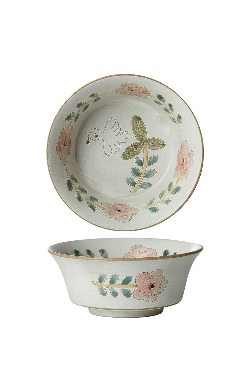 ceramic bowl with floral patterns, one top view with a dove motif inside the bowl, the other side view with a floral border outside.