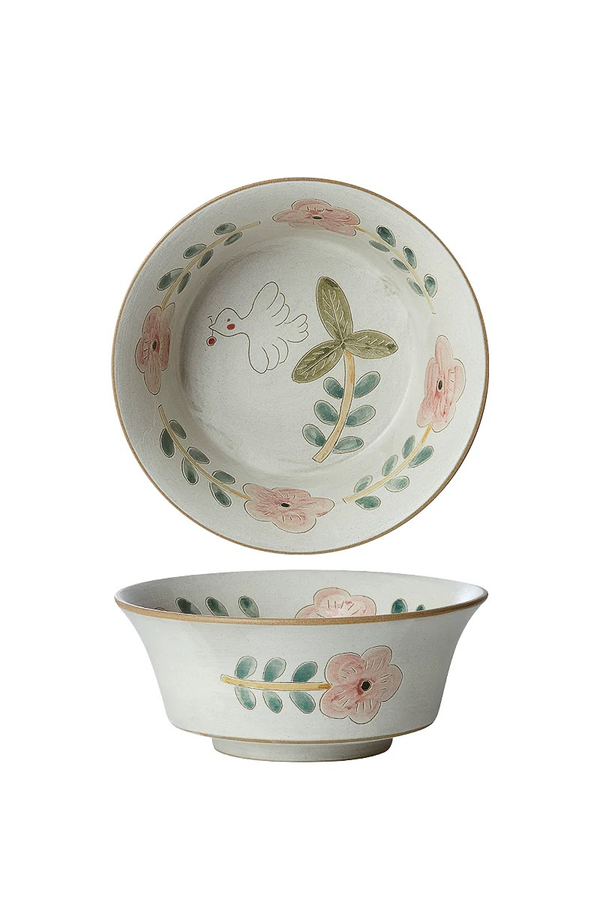 ceramic bowl with floral patterns, one top view with a dove motif inside the bowl, the other side view with a floral border outside.