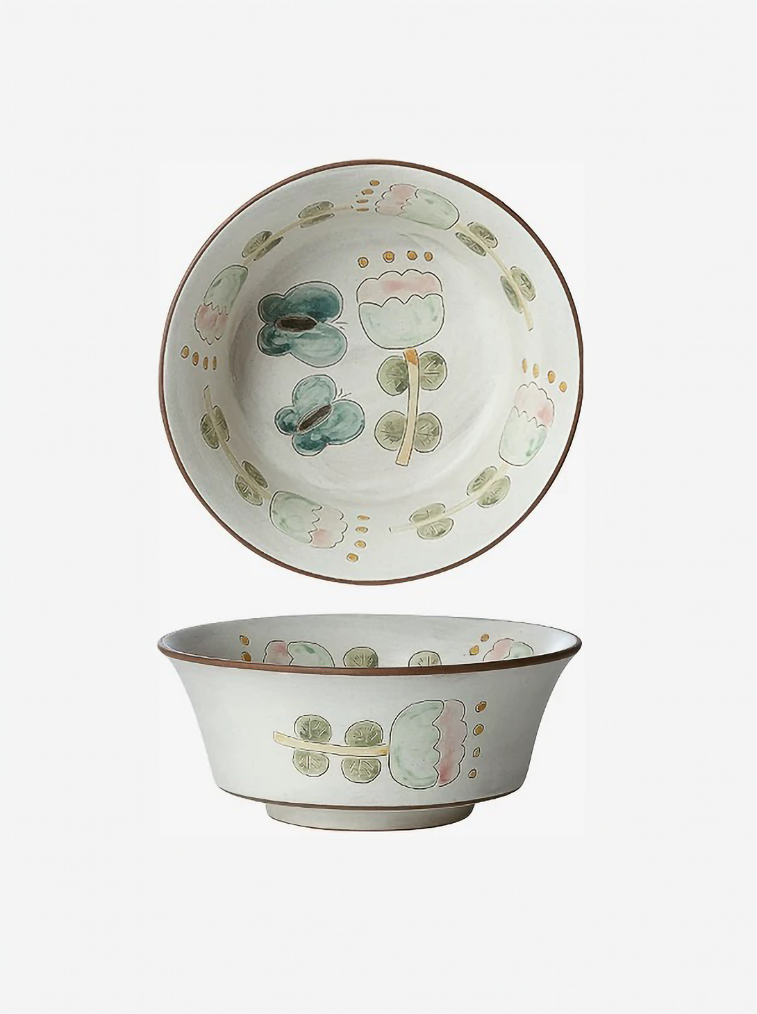 ceramic bowls with floral patterns in brown, green, and beige colors on a white background