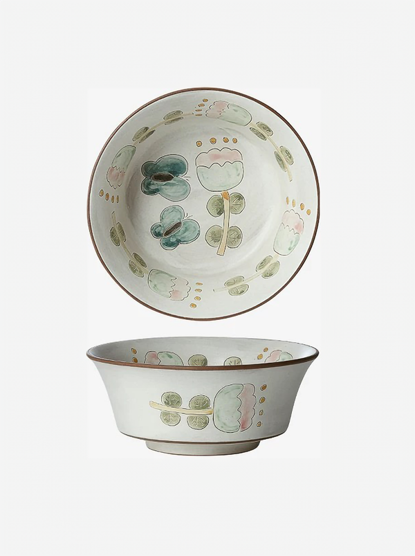 ceramic bowls with floral patterns in brown, green, and beige colors on a white background