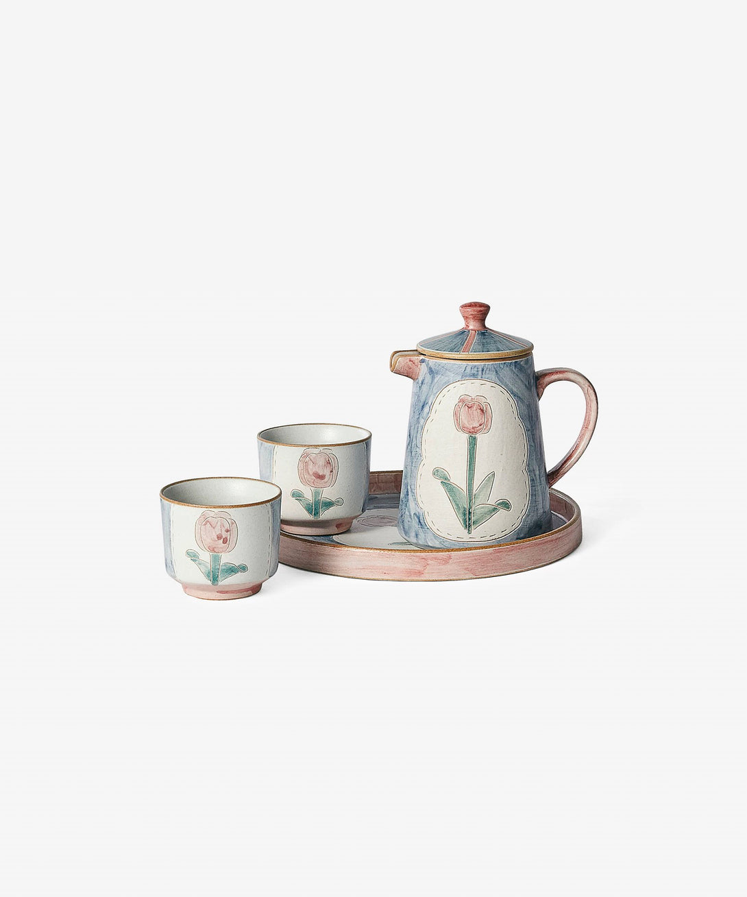 A ceramic tea set with a floral pattern, comprising of a teapot, two cups, and a tray.