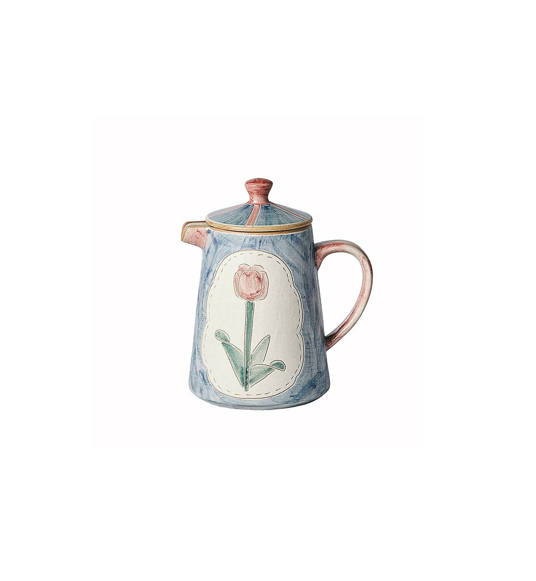 a set of teapot in floral patterns, primarily in blue and pink colors.