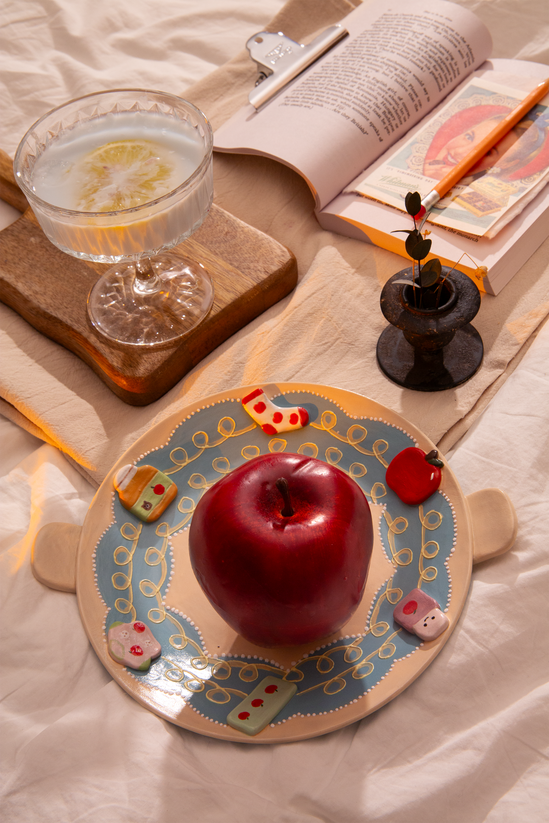 Red apple on a ceramic plate with a glass of water and open book on a light surface