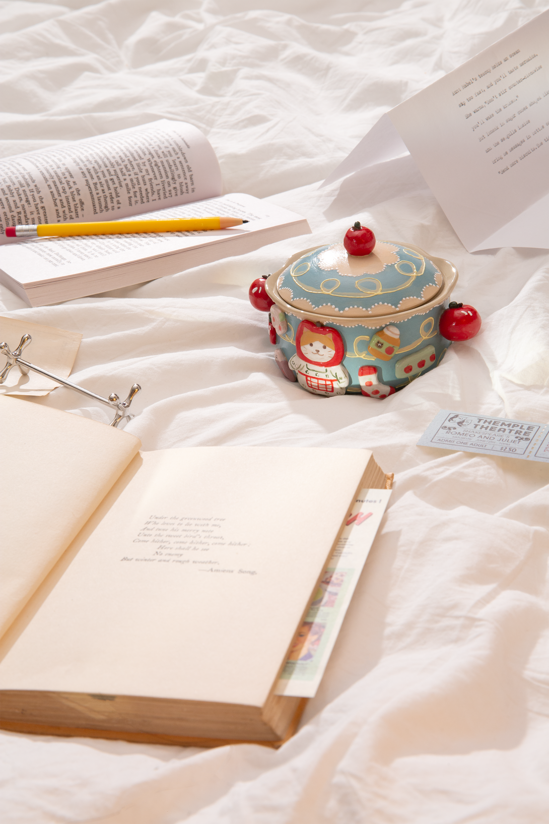 lidded bowl with red berries on a bed with open books and a pencil.
